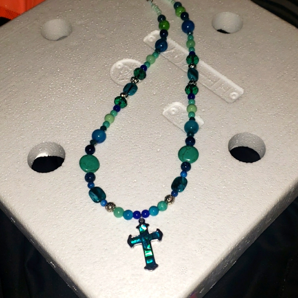 New not used Albone silver cross vintage cross semi precious stone necklace